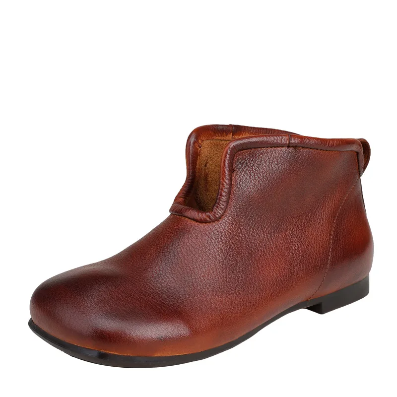 

20autumn and Winter New Top Layer Cowhide Ankle Boots Women's Retro round Head Genuine Leather Overshoes Women's Single Boots