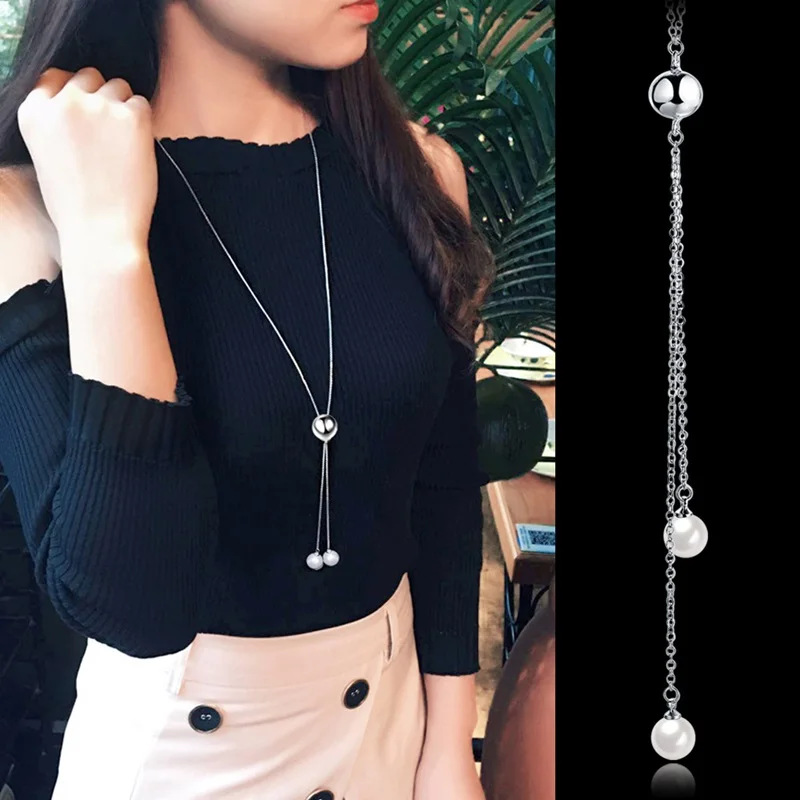 

OMHXZJ Wholesale Personality Fashion OL Woman Girl Party Wedding Gift White Pearl Long Tassel 925 Sterling Silver Necklace NC09