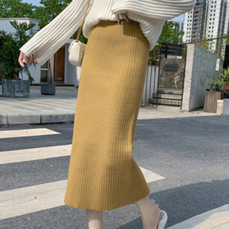 

Women's knitted Skirt Spring and Autumn High Waist Mid-length Striped Hip Skirt Yellow Wild Thick Split Skirt