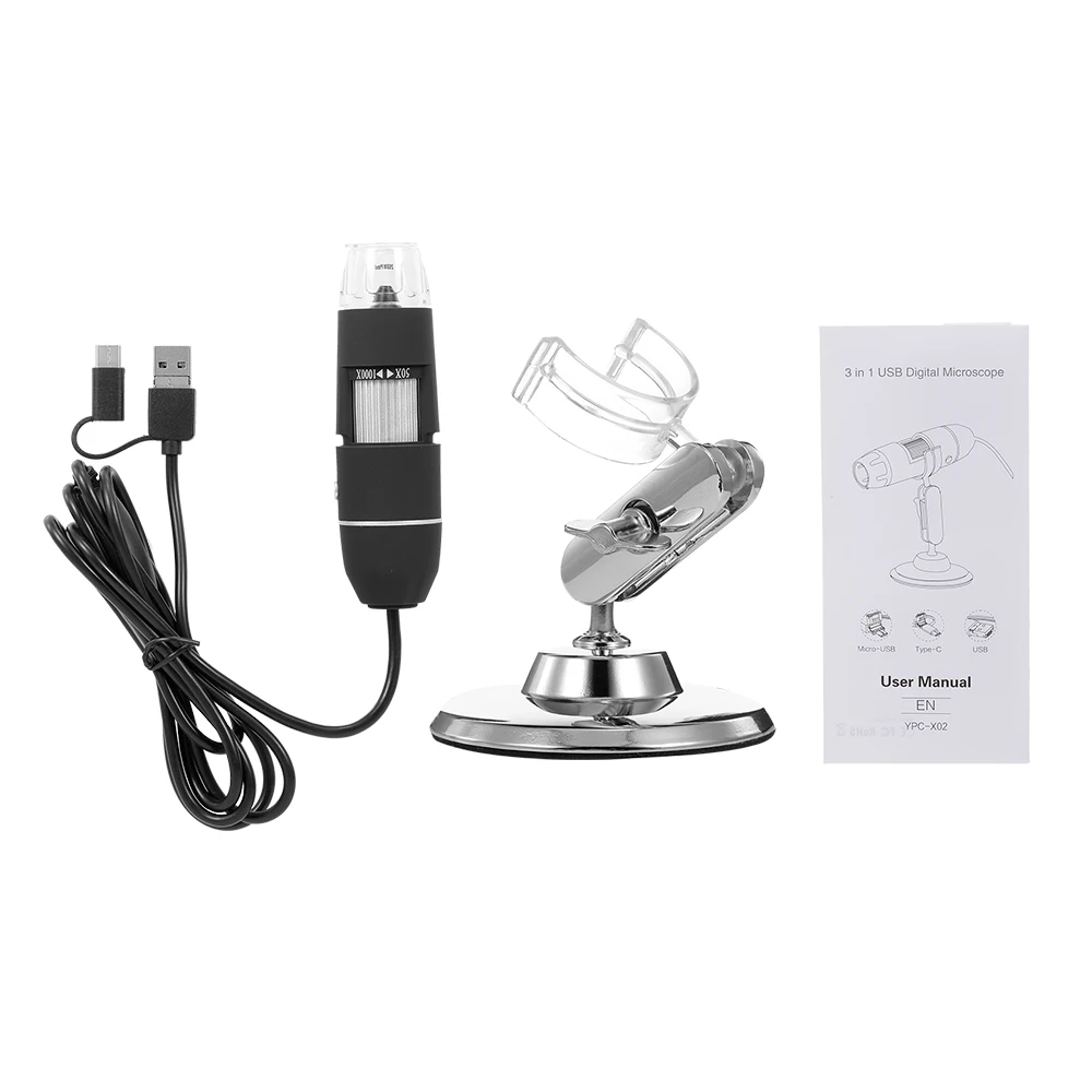 

Portable Digital Microscope 50X to 1000X Zoom HD Microscope 3 in 1 USB Magnifier 8 LED Lights Black