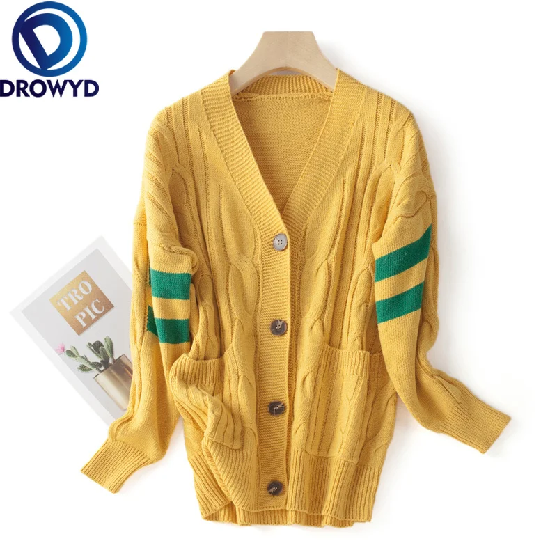 

Vintage Yellow Cardigan Sweater Women 2020Fall Soft Cotton Knitted Hot Tide V-Neck Thick Winter Korean Casual Simple Chic Jacket