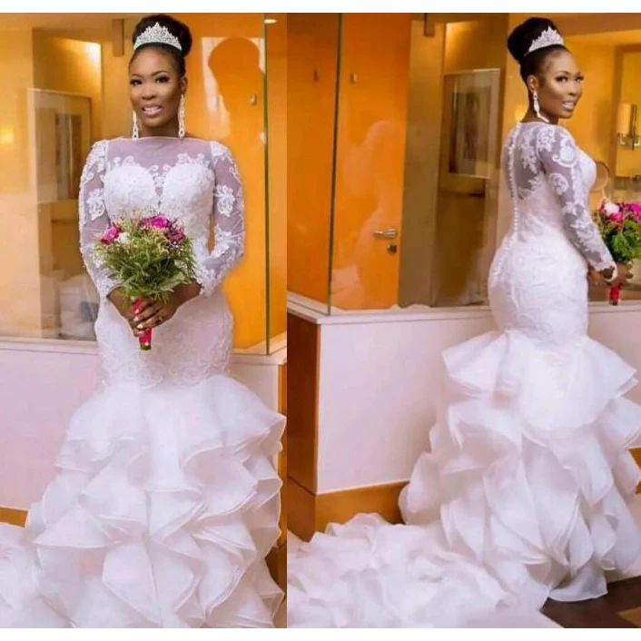 

Newest South African Mermaid Wedding Dresses Plus size Long Sleeve Sheer Neck Bodycon Fishtail Bridal Gowns Beaded Layer Ruffles