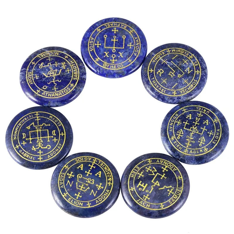 Lapis Lazuli TUMBEELLUWA Исцеление Кристалл полированный Выгравированный круглый ладонь беспокойтесь камень символ рейки Семь архангелов, набор из 7 - Цвет: Lapis Lazuli
