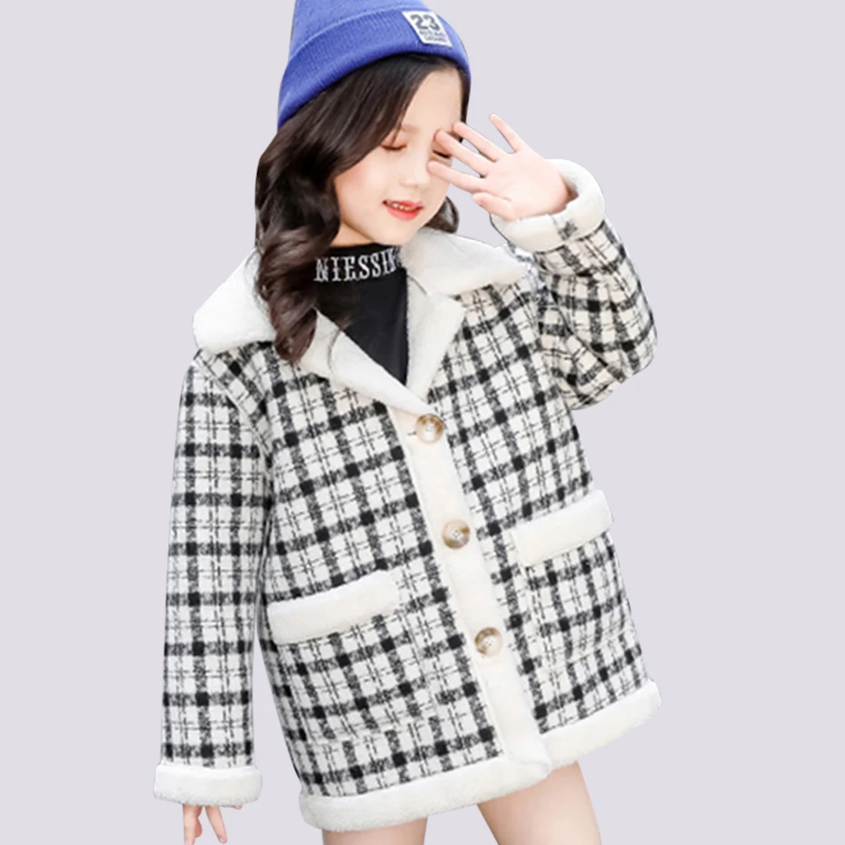 Плотное пальто для девочек шерстяное в клетку детская верхняя одежда из плюша
