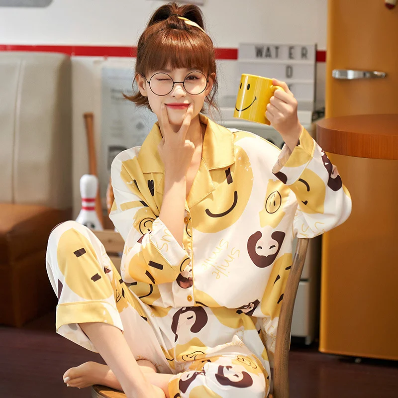 

Pajamas Women Ice Silk Spring And Summer Thin Korean Lovely Fashion Loose Long Sleeve Trousers Silk Women's Home Suit