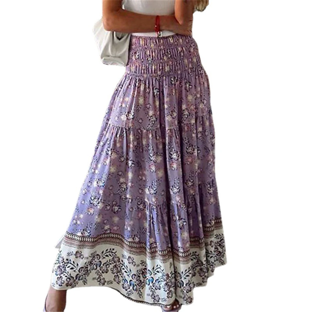 

Женская Длинная пляжная юбка-трапеция, розовая повседневная юбка макси в стиле бохо с цветочным принтом и высокой талией, лето 2021