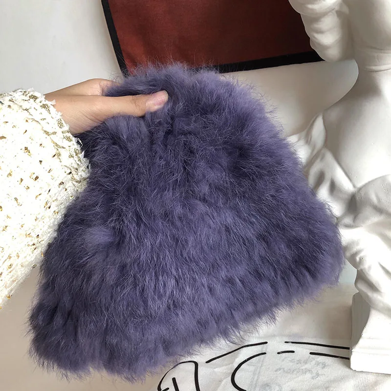 

Vintage Blue Purple Rabbit Fur Beanie Hat Women Knitted Fluffy Warm Skullies Fashion Street All Match Skullcap Autumn Winter