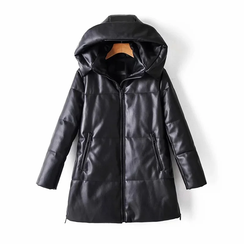 Solid PU Leather Cotton Jacket Long Coats Ladies Waterproof Thick Jackets Winter 's Fashion Leather Hooded Women Female