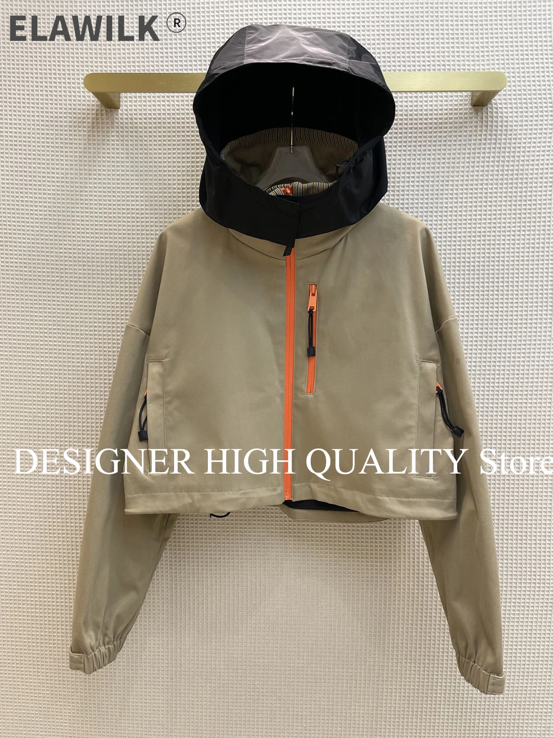 

Женская короткая куртка с капюшоном, подиумная свободная повседневная куртка цвета хаки контрастных цветов с рукавом летучая мышь, на молн...