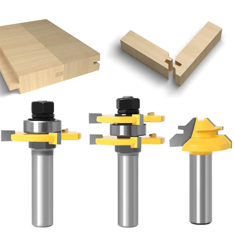 

3 Pc 12mm 1/2 Shank Tongue & Groove Joint Assembly Router Bit 1Pc 45 Degree Lock Miter Route Set Stock Wood Cutting