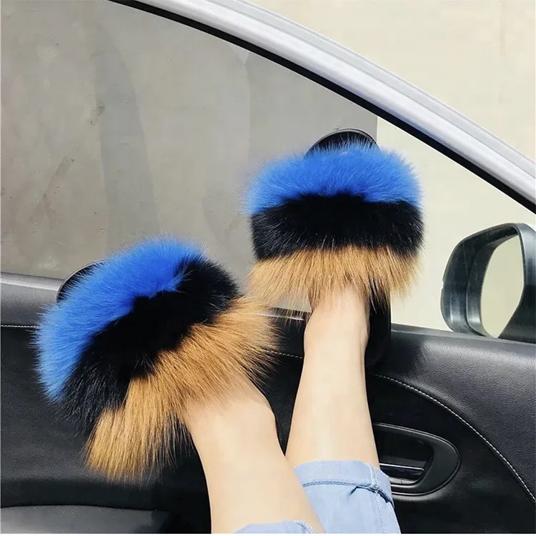 Шлепанцы ZDFURS женские с лисьим мехом сланцы пляжные сандалии разноцветные для