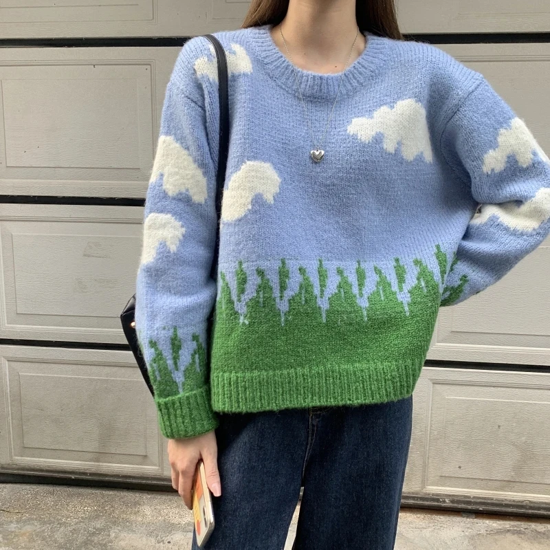 

Spring Autumn Women Crew Neck Loose Sweaters Casual Long Sleeve Cloud Grass landscape Print Knit Pullovers
