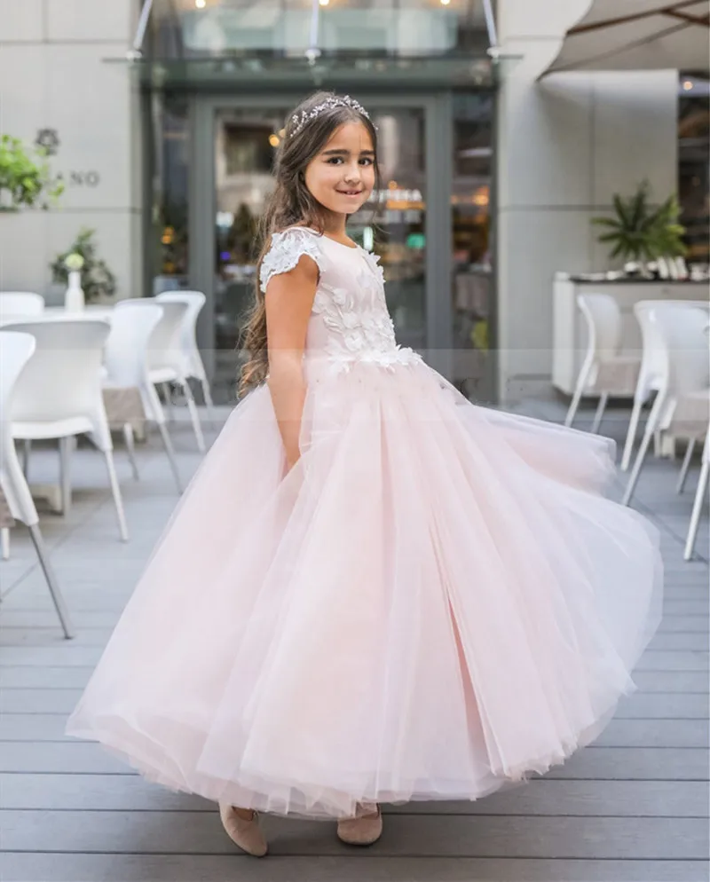 

Gorgeous Pink Little Princess Birthday Gowns 3D Appliques Lace Children Wedding Party Dress Kid Size 1-16Y