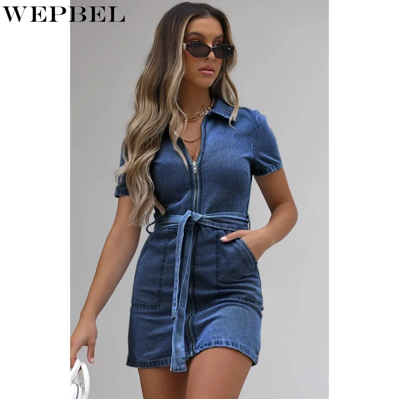 

WEPBEL Women's Casual Solid Color Lace Up Slim Dress Summer Fashion Short Sleeve Zipper Pocket Turn-down Collar Dress