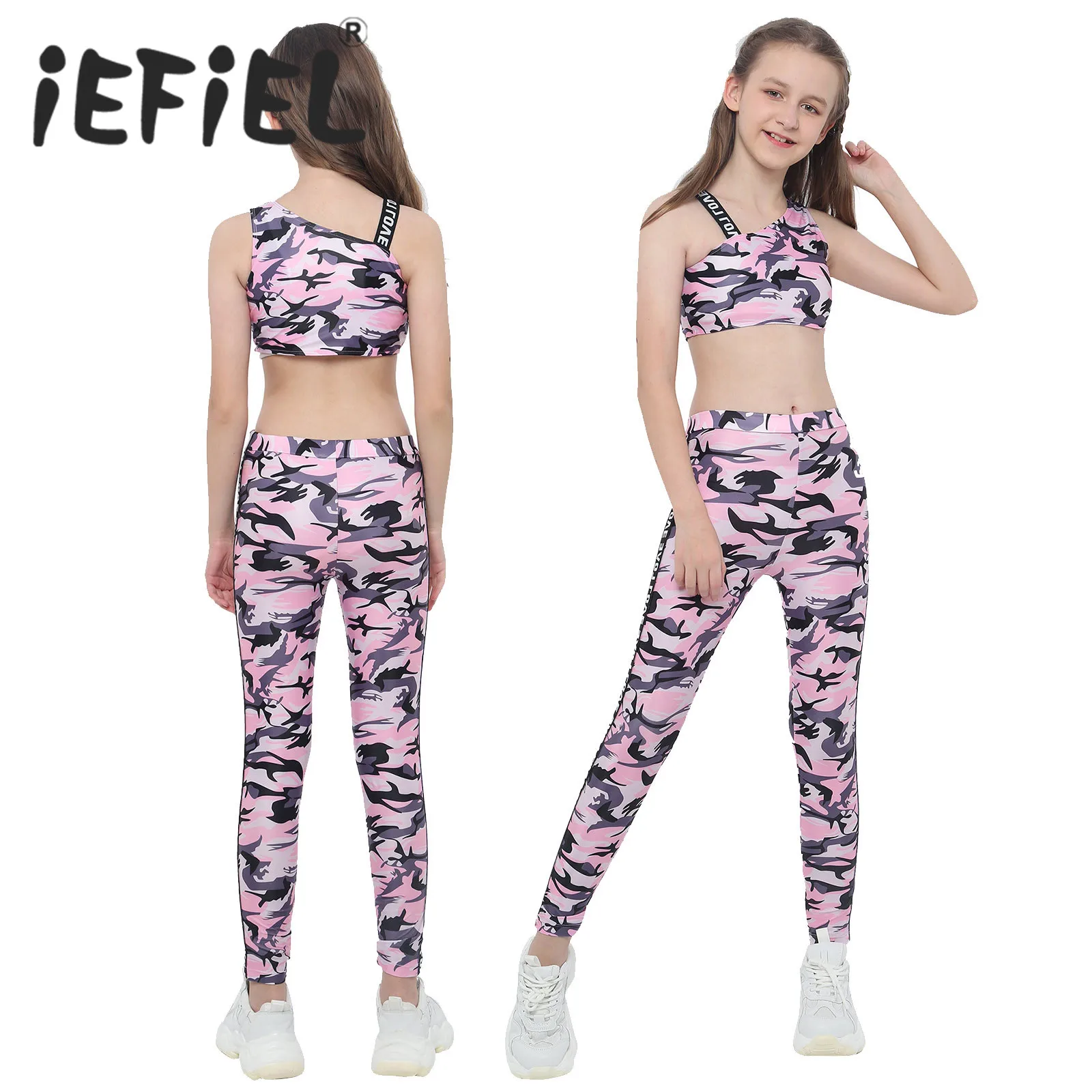 

Для детей девочек танцевальные наборы Одежда для спортивной гимнастики наряд Камуфляжный борцовка майки укороченный топ с Леггинсы для тр...