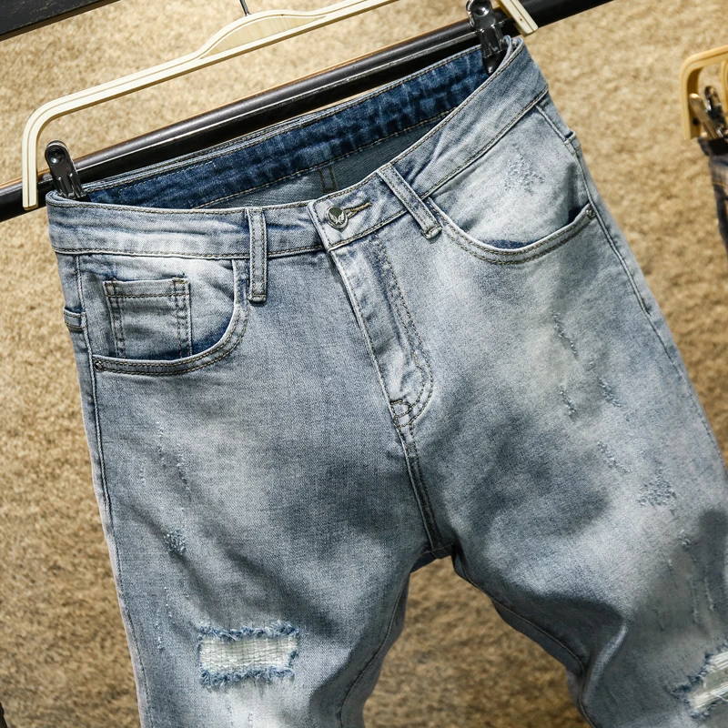 

Мужские потертые джинсы, Мужская одежда, длинные повседневные брюки, мужские синие брюки, ретро джинсы с дырками, брюки длиной до щиколотки, ...