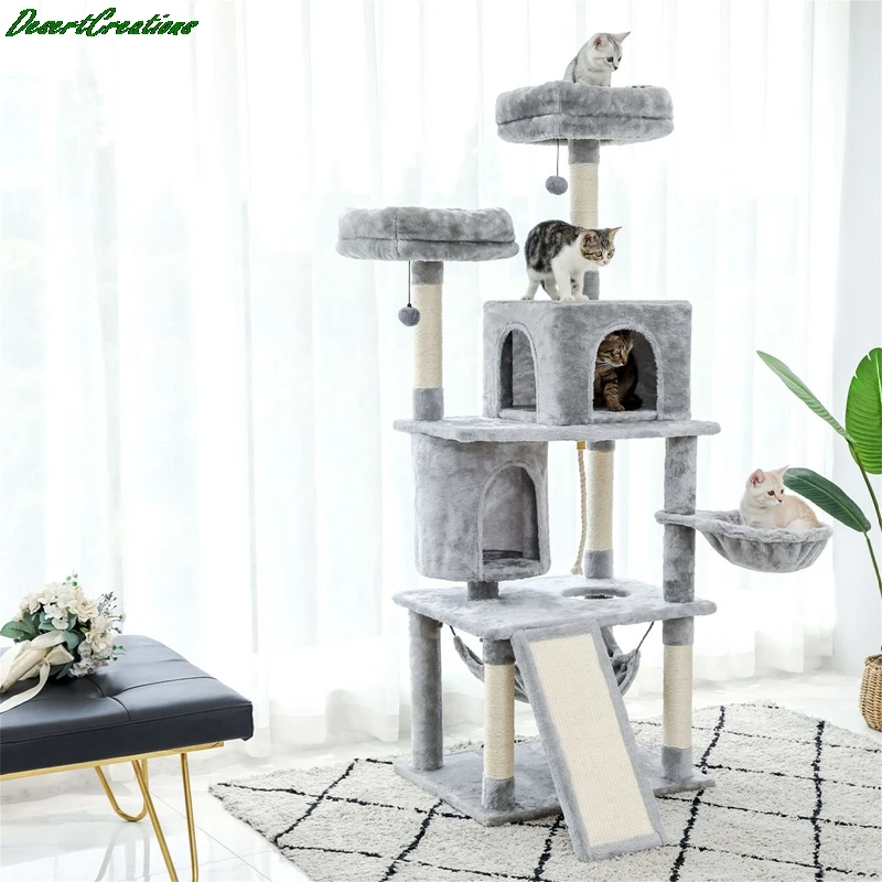 

63.4" Cat Tree, Multi-Level Cat Tower With 2 Luxury Condos, 2 Cozy Perches And Hammock Grey