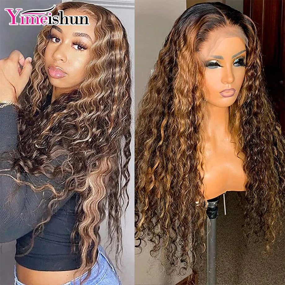 

4-27 Highlight Wig Curly Human Hair Wig 13x4 Ombre Brown Curly Lace Front Human Hair Wigs Honey Blonde Kniky Curly Frontal Wig