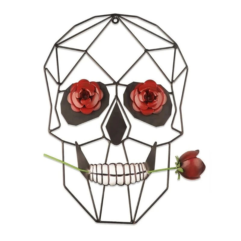 

F63A 14" Metal Skull with Rose Wall Art Decor for Bedroom Living Room Bathroom Office Bar Halloween Decoration