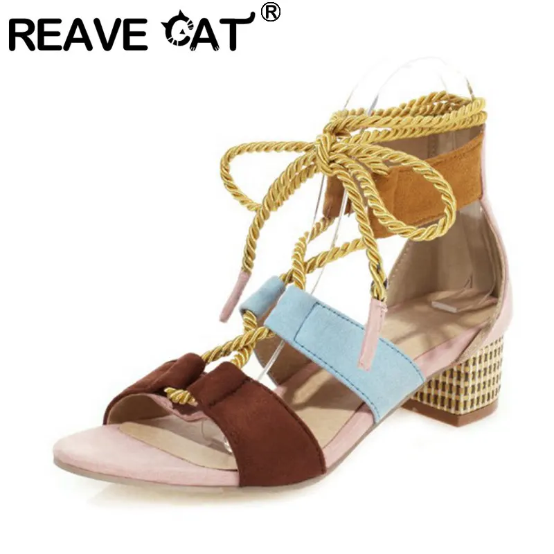 

REAVE CAT New 2021 Women Sandals Open Toe 4cm Block Heels Nubuck Patchwork Lace-Up Stylish Big Size 34-48 Casual Date A3917