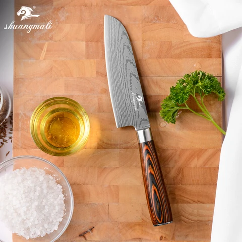 Shuangmali 5-Дюймовый Нож для шеф-повара Santoku, лазерный Дамаск 420, кухонный нож из нержавеющей стали с деревянной ручкой, нож для резки мяса