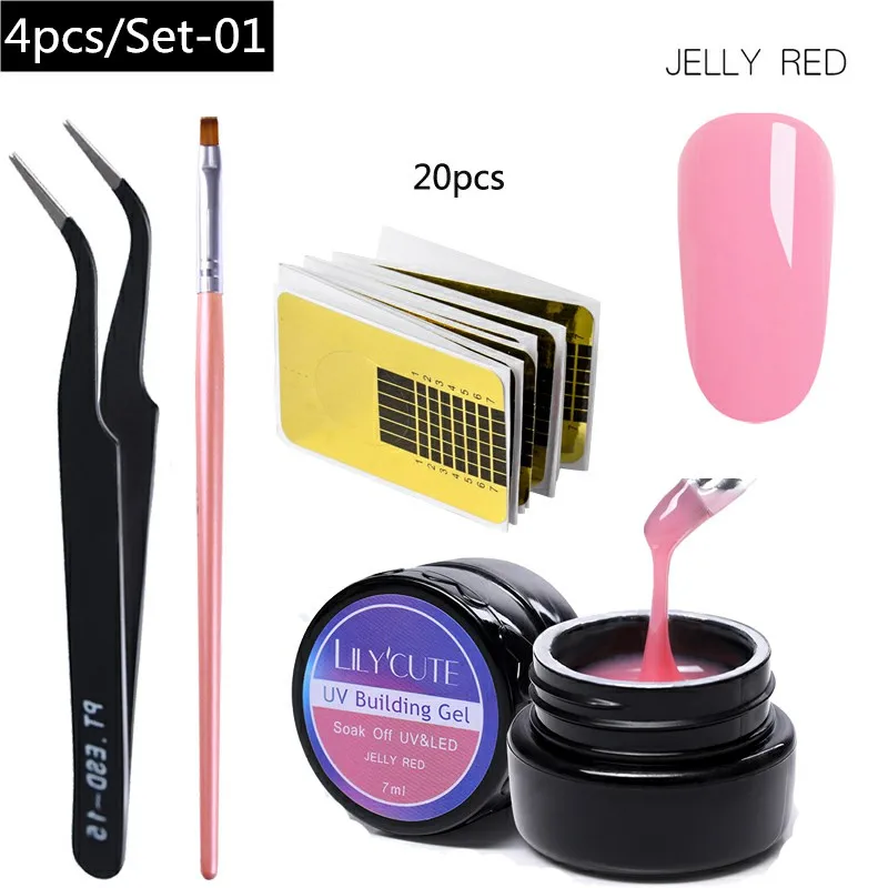 4Pcs -LC01 LILYCUTE 20ml Poly Extension Gel Kit Quick Building Gel White Clear LED Acrylic Builder Nail Tips Nail Art Gel Brush Tool Set - Цвет: 4Pcs -LC01