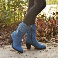 winter boots women 2022 new fashion denim mid calf high 5cm 8cm women boots zapatos de mujer plus size 35 43 platform boots