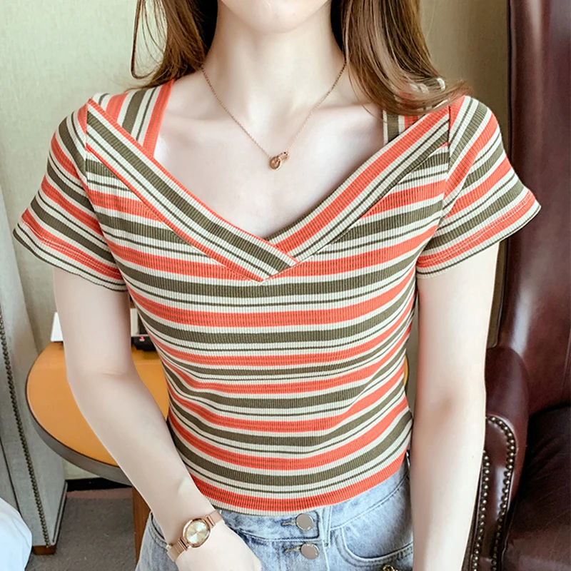 

Summer Rainbow Striped T-Shirts Women Casual V-Neck Short Sleeve T Shirt Woman Solid Poleras Mujer Korean Tee Shirt Femme 2021
