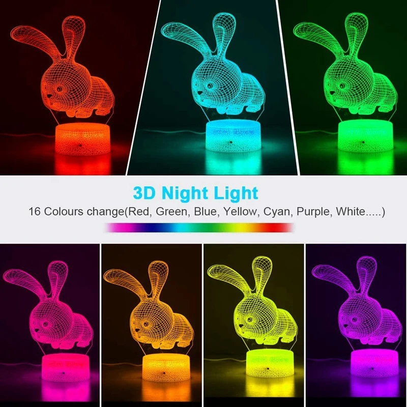 

3D Night Light for Kids,Rabbit 3D Illusion Lamp with Press Switch&Remote Control,16 Colors Changing,Perfect Gifts