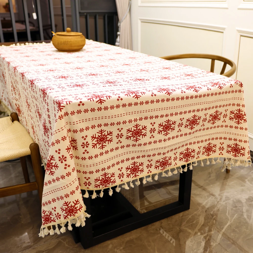 

Linen Thickened White Table Cotton Cloth Tassel Rectangular Snowflake Tablecloth for Christmas Home Dinning Table Decoration