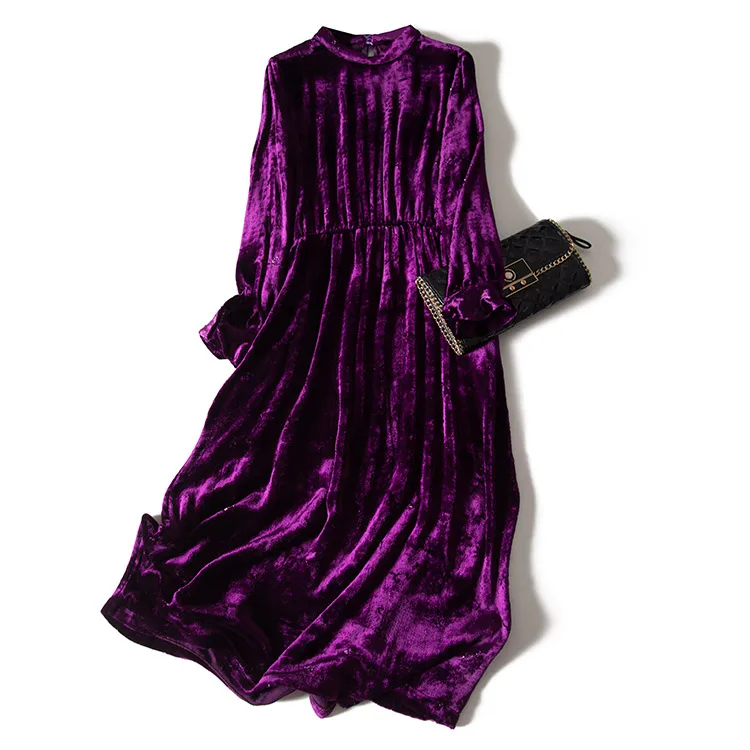 Длинное платье с длинным рукавом однотонное из шелка тутового шелкопряда и