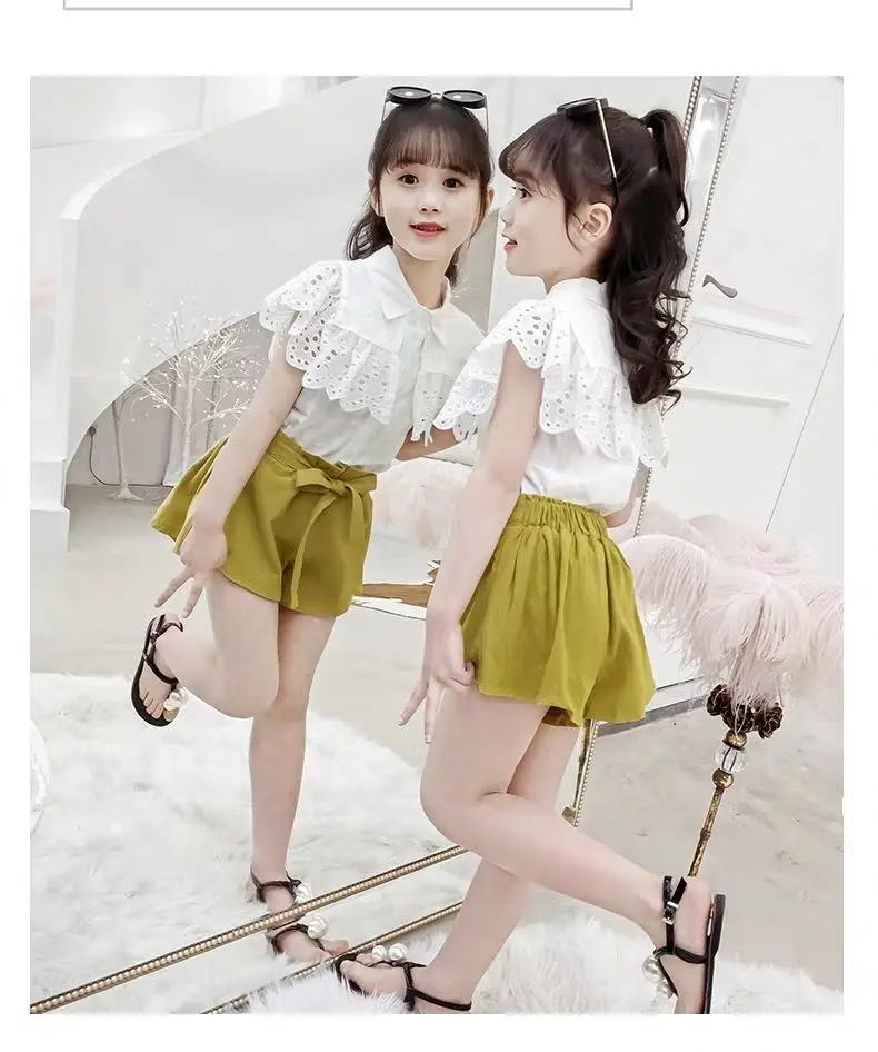 2022 летняя детская одежда для девочек кружевная футболка топы футболки блузка +