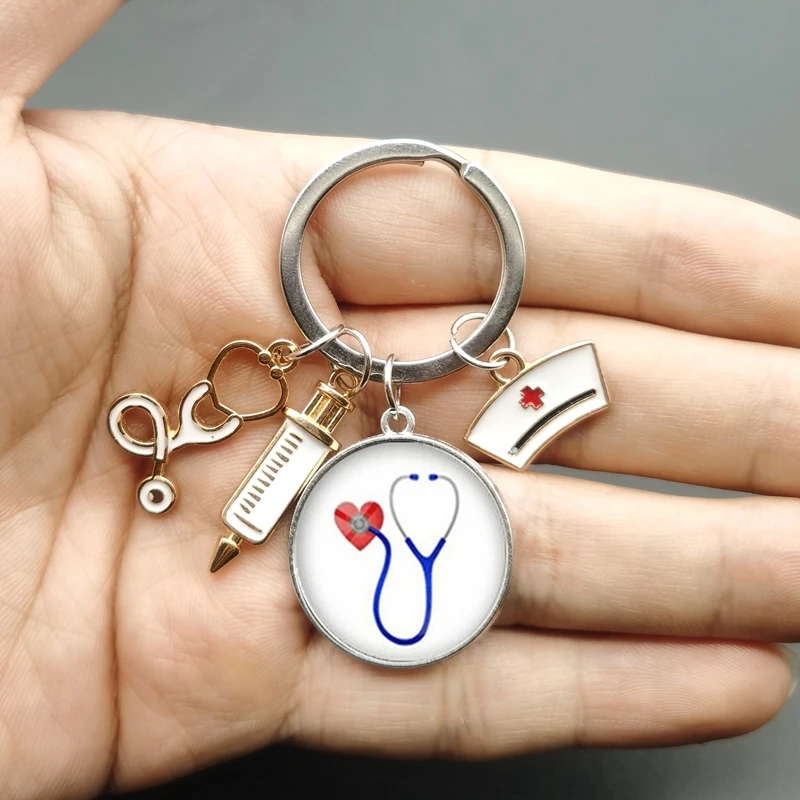 

New Fashion Creative Nurse Medical Syringe Stethoscope Image Keychain Glass Cabochon and Glass Dome Key Ring Pendant Gift