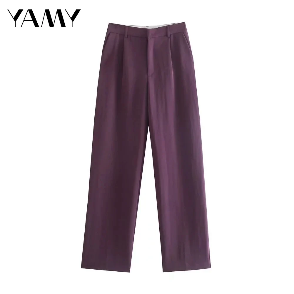 

Женские прямые брюки с поясом, темно-фиолетовые офисные винтажные длинные брюки с отверстиями, 2021