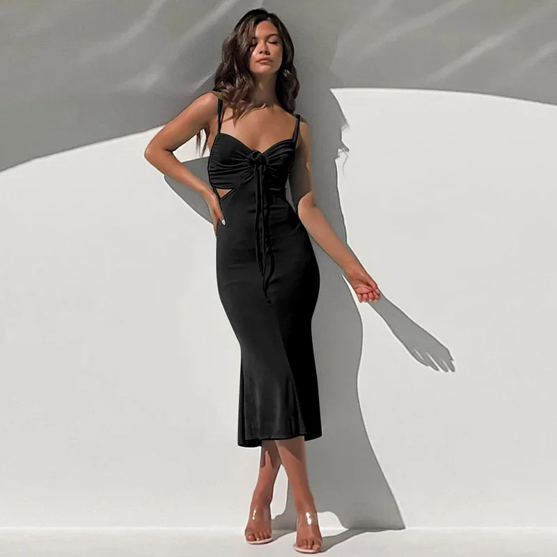 

Sexy Hollow Bandage Ruffle New Straps Dress for Women Solid Bodycon Fashion Party Club Street Evening Midi Dress Chic Fall Winte