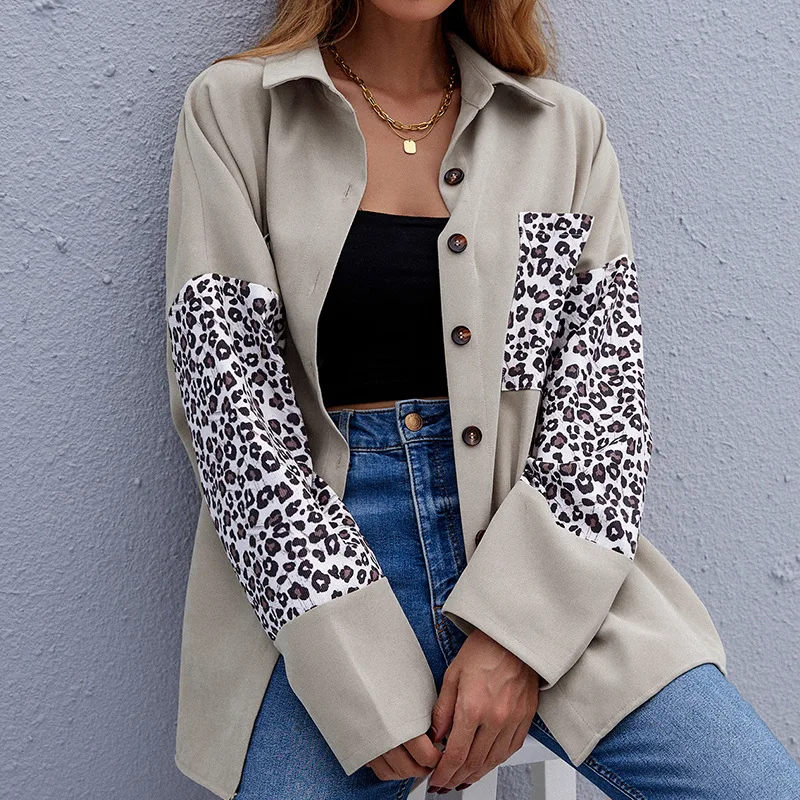 

2021 New Jacket Lapel Shirt Stitching Leopard Print Long-sleeved Cardigan Shirt Women Autumn Winter Camisas Mujer