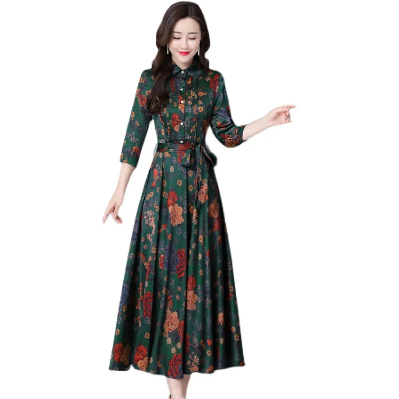 

COIGARSAM 4XL Plus Size Three Quarter Sleeve Women Long dress New Print Dresses Purple Green 3017