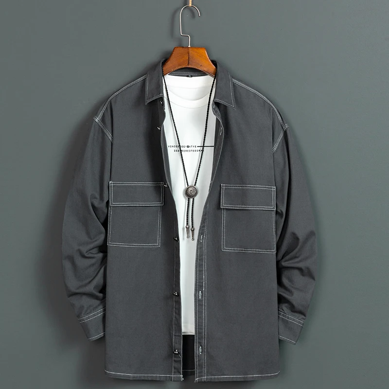 

Мужская рубашка с карманами, однотонная простая Удобная рубашка из 100% хлопка, с отворотом и длинными рукавами, весна-осень 2020