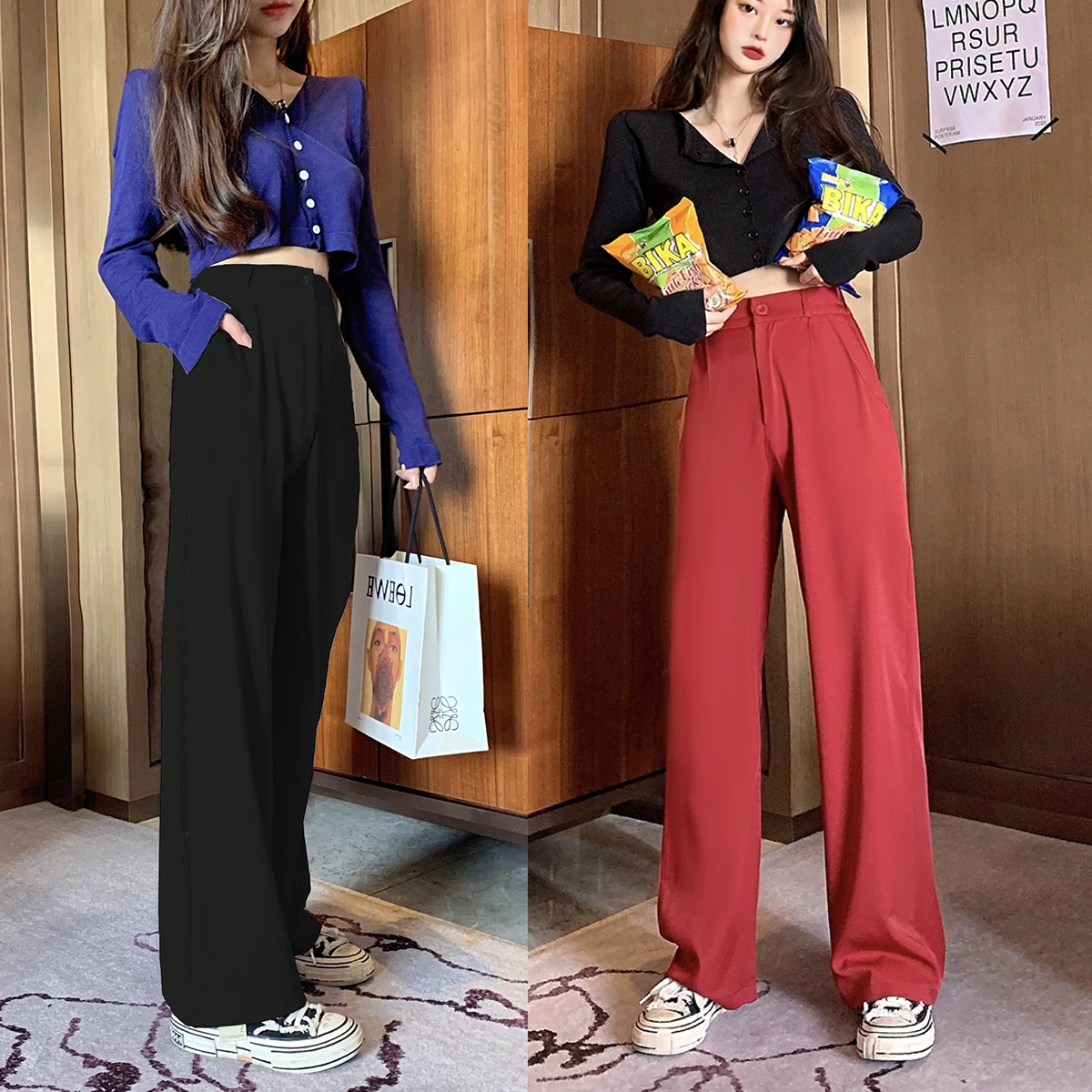 

Wide Leg Pants Women Summer High Waist Loose Casual Straight Pants Purple Trouser Plus Size All-match Elastic Waist Pants Female