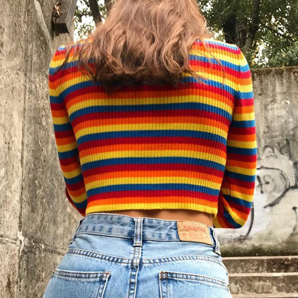 Женский джемпер в радужную полоску облегающие вязаные свитера с высоким