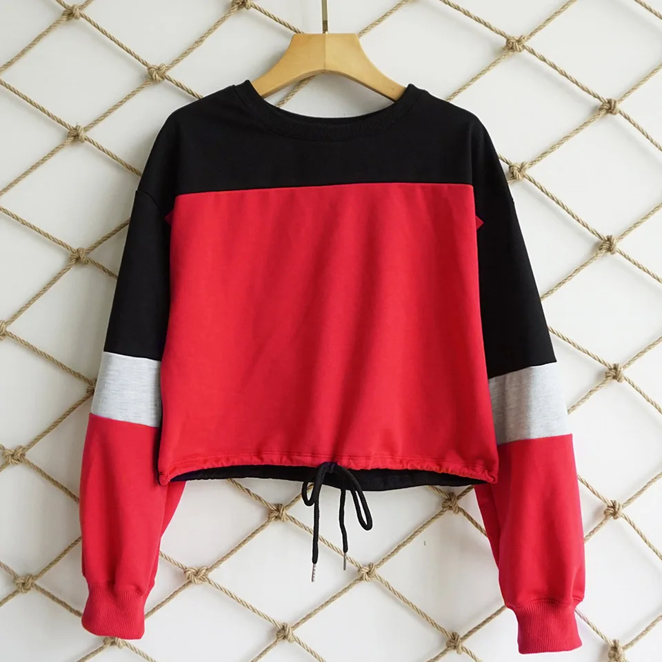 

Hipster Sweatshirt Crop Top Crewneck Women Short Color Block Hoodie Poleron Mujer 2021 Elastic Waist Raglan Hoodie Streetwear