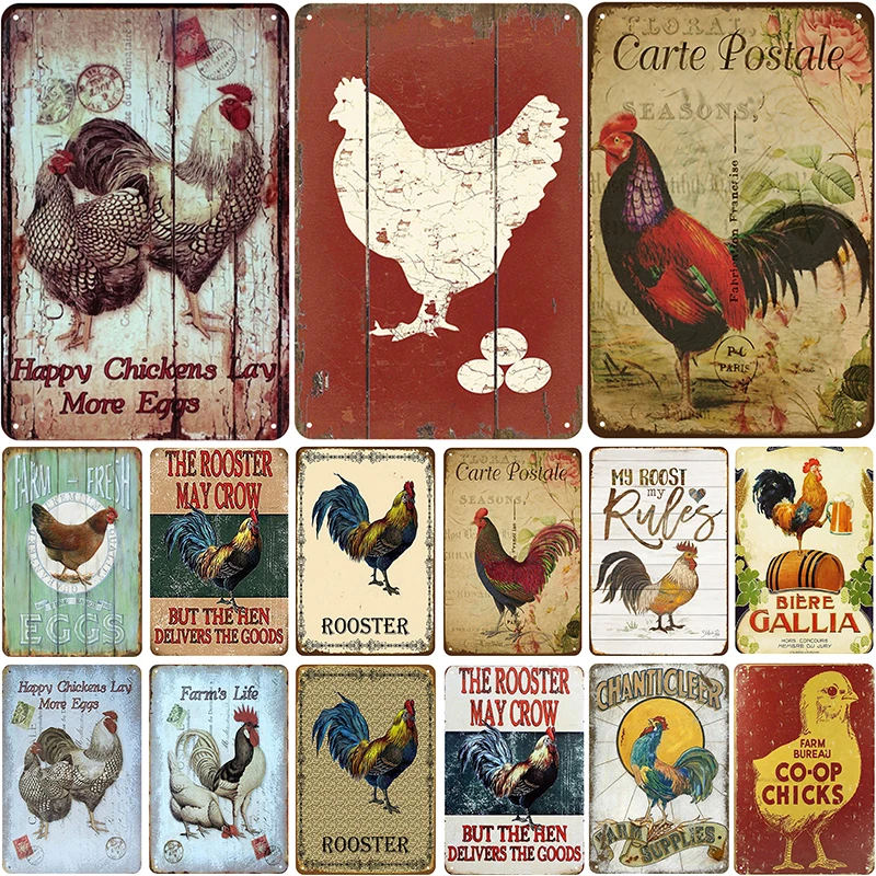 

Chicken Plaque Metal Vintage Tin Sign Shabby Decor Iron Painting Bar Kitchen Farm Decoration Retro Metal Plate Poster 20x30cm