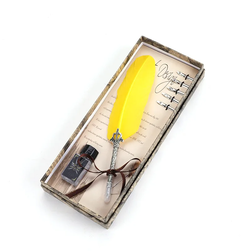 PS210 1Set Calligraphy Feather Dip with 5 Nib Gift Quill Pen Writing Ink Set Box Wedding Fountain Design New | Канцтовары для офиса