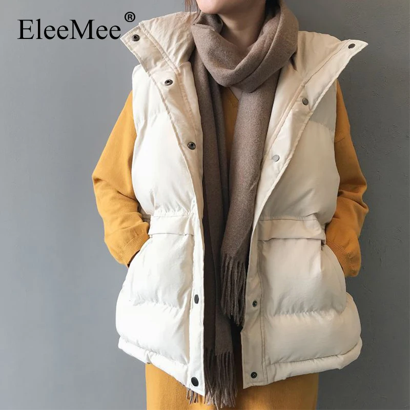 

EleeMee Size S-2Xl Winter Jacket Sleeveless For Women 2022 Warm Coat Zipper Solid Color Pocket Vest Female Street Parkas