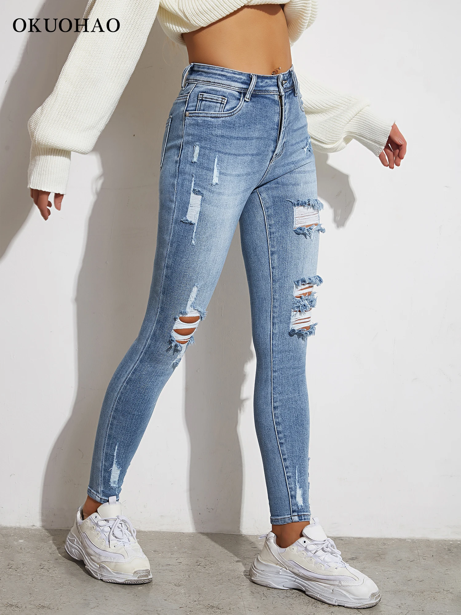 Светильник Синие сексуальные обтягивающие женские джинсы Стрейчевые рваные