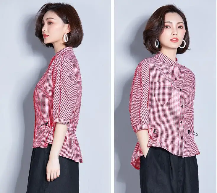 Summer Blouse Fashion 2020 Office Lady Plaid Workwear Half Sleeve Shirts Plus Size MF012