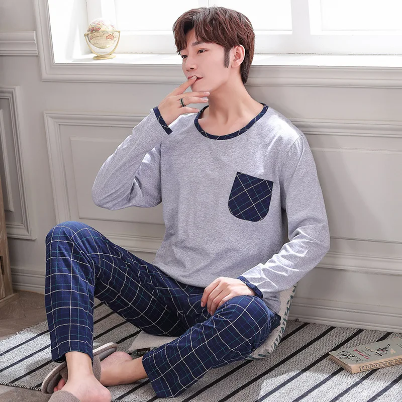 

Cotton Pajama Man Sleep Tops + Pant Pijama Set Home suit Male Sleepwear Autumn Warm Soft Home wear pyjama homme Freeshipping new