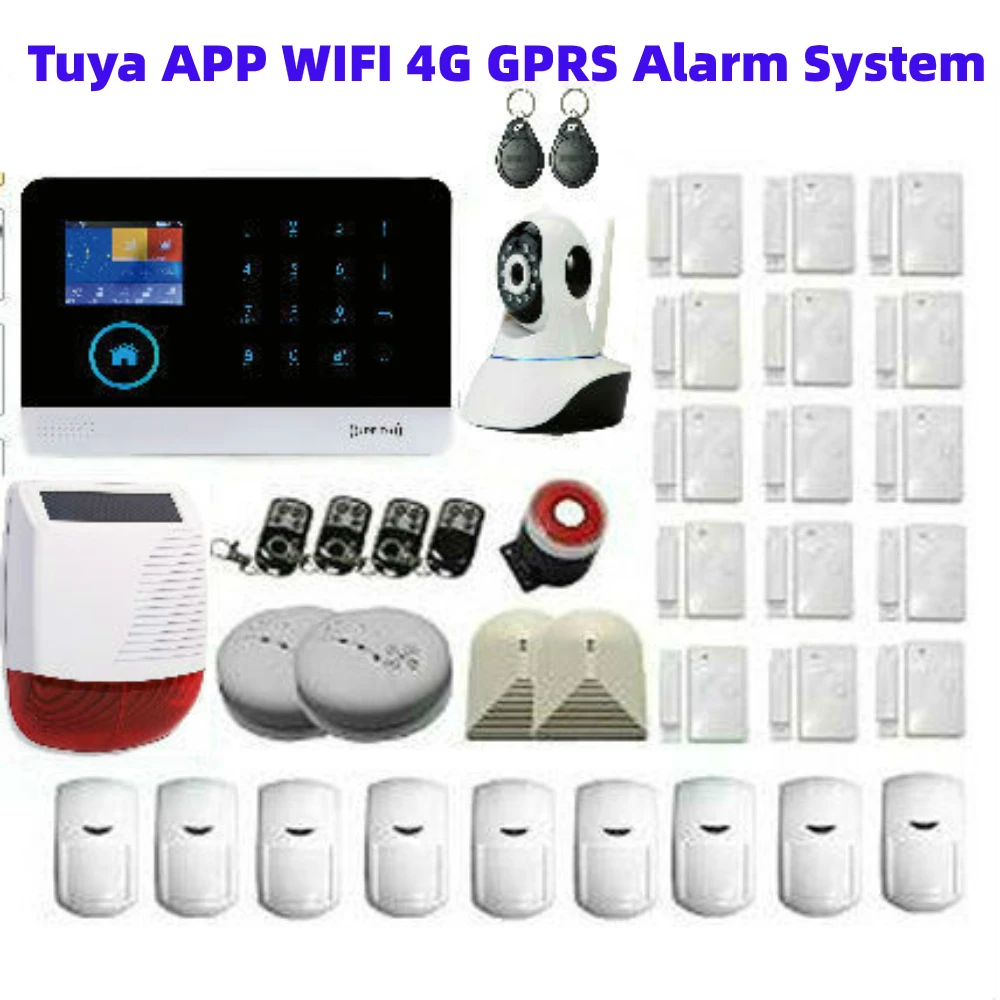 

4G SIM Network WIFI Tuya APP Remote Control Home Security Alarm System Smoke Fire Alarm Sensor Video IP Camera Solar Power Siren