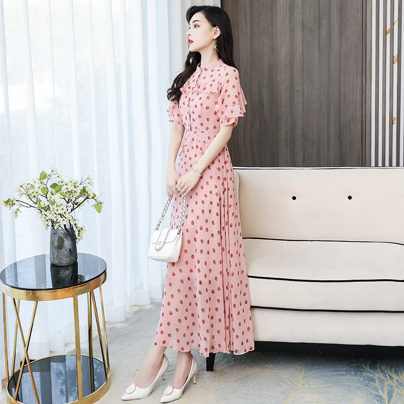 

Fashion Print Chiffon Dress New 2021 Summer Short-Sleeve Ruffles bohemian Long Dress Plus Size Polka dot dress