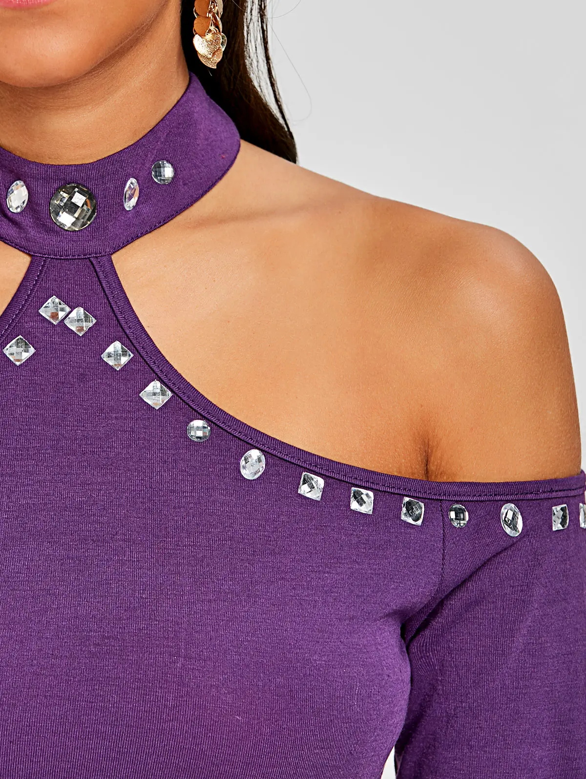

Womens Female Halter Choker Rhinestones Off Shoulder Long Sleeve Shirts Tops t shirts